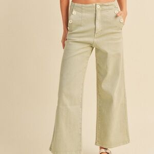 Wide Leg Button-Detail Pants in Sage Green
